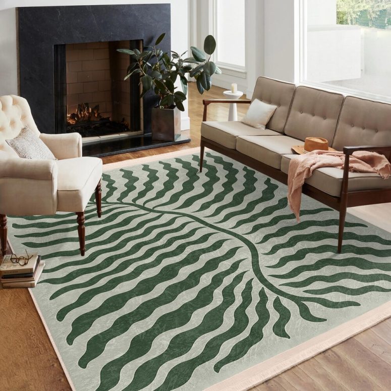 Wavy Leaf Jungle Area Rug - Botanical Emerald Accent Carpet -Modern Stripe Mat-Organic Vibe Area Rug-Nature Inspired Rug-Green Styled Carpet