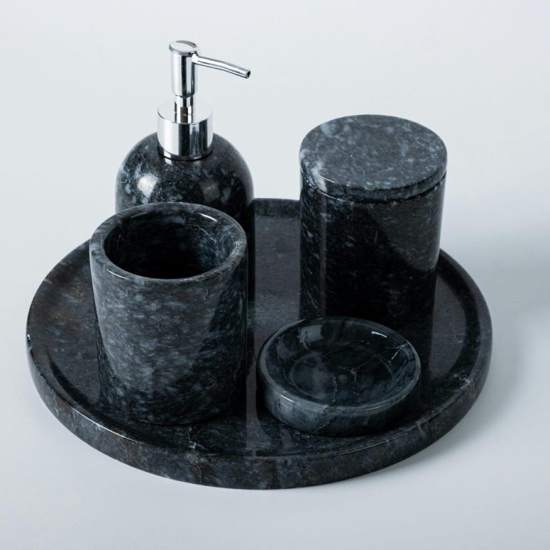 Marble Bathroom Set, Natural Marble 5-Pieces Vanity Accessories, Bathroom Organization Marble Set, Black Marble Vanity Decor, Marble Tray