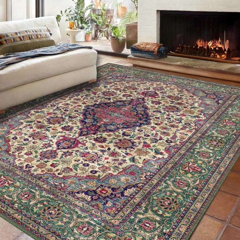 Turkish Style Persian Area Rug – Handmade look Traditional Medallion Carpet, Classic Floral Design, Elegant Living Room or Bedroom Decor