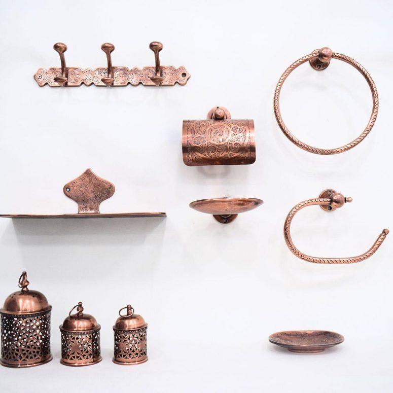 Engraved Copper Bath Accessory Set – Brass with Copper Finish