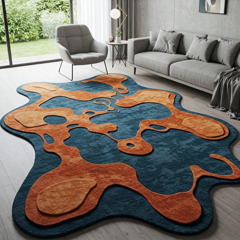 Blue Burnt Orange Hand Tufted Irregular Amoeba Shape Wool Rug for Kids Room, Modern Handmade 6x9 8x10 9x12 Area Rug for Living Room Bedroom