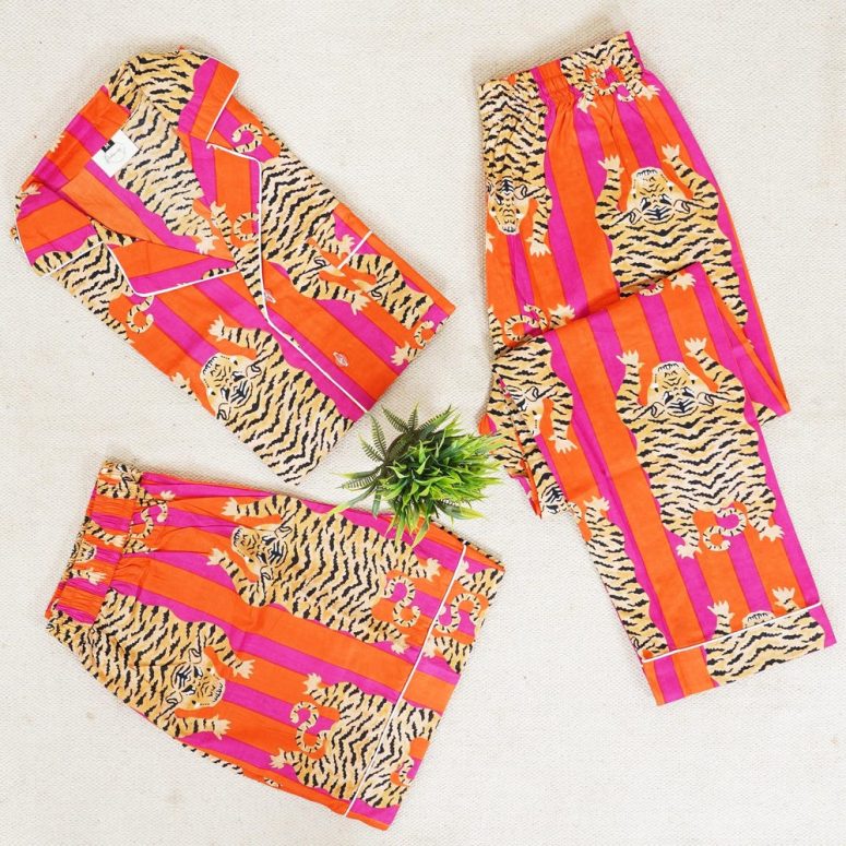 Tiger Print Cotton Pyjama, Night Wear Suite Bridesmaid Gift For Her, Cute sleepwear PJ's Set, Indian Lounge Night Dress 4 Pcs Pajamas Set