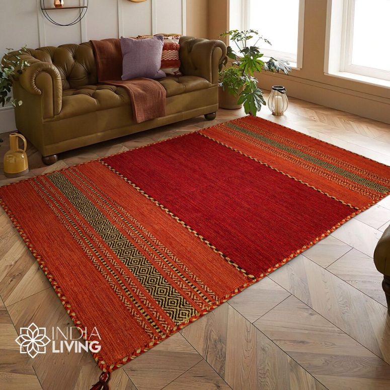 Red Kilim Rug - Indian Artistic Handmade Moroccan inspired Ethnic Living Room Kilim carpet, Bohemian decor rug