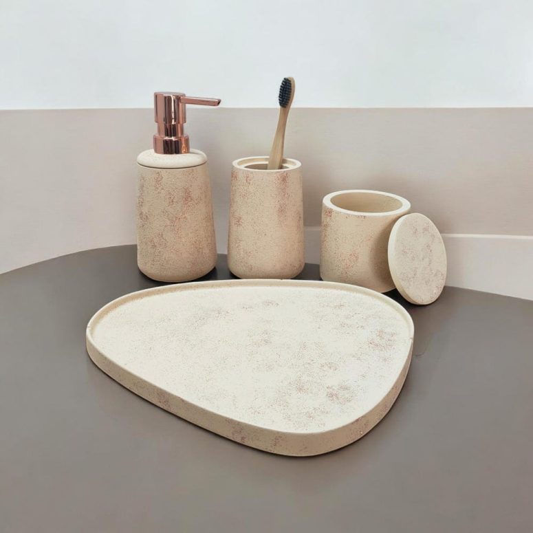 Beige Textured Bathroom Set with Tray, Concrete Liquid Soap Dispenser, Shiny Copper Detailed Bath Accessory, Earstick and Toothbrush Holder