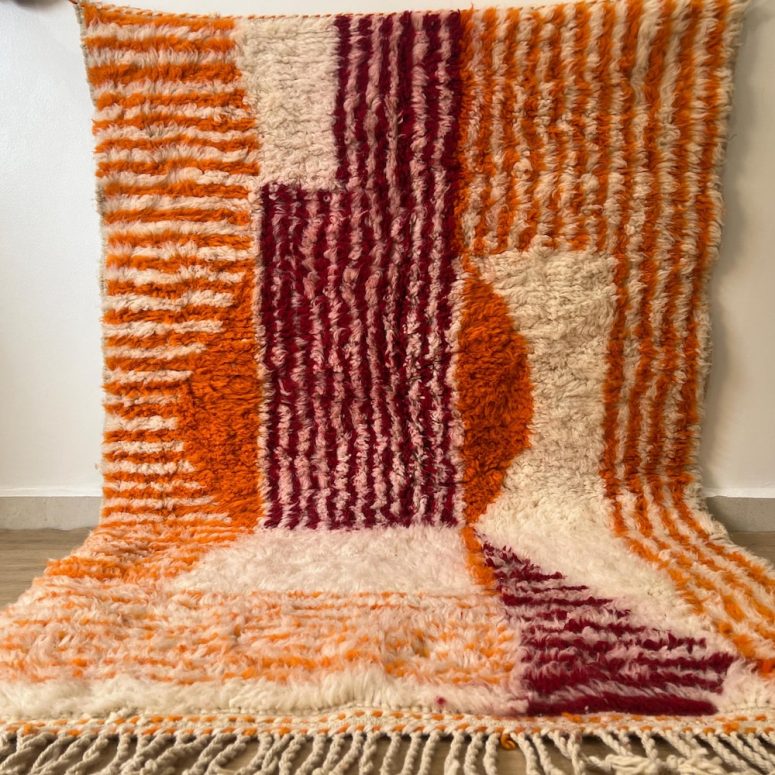 Orange Striped Moroccan rug , Rugs for Living room , Custom handmade rug , Wool Berber rug , Orange Beni ourain rug , Moroccan rug 10x14