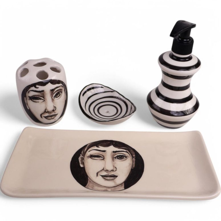 Bathroom Accessories Set Black & White Face Art Design, Liquid Soap Dispenser Pump, Toothbrush Rest, Soap Dish, Lotion Dispenser, Bath Gift