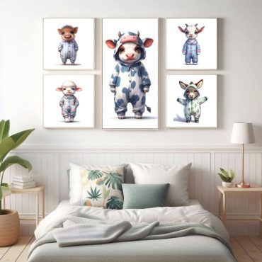 Animals in Pajamas Print, Set of 5 Baby Wall Art, Cute Nursery Decor, Printable Farm Animal Prints for Kids' Rooms, Pyjamas Animal Poster