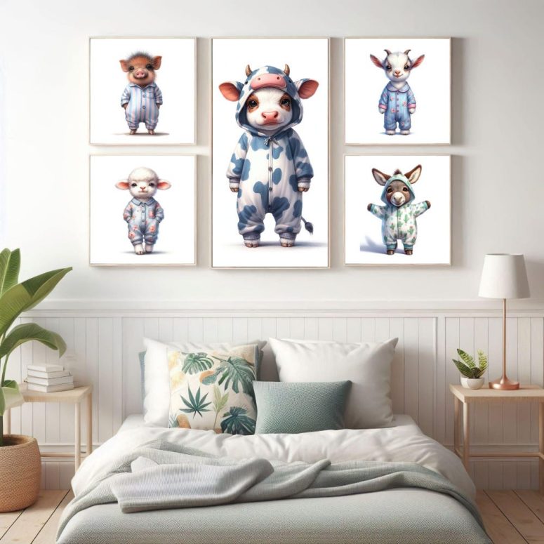 Animals in Pajamas Print, Set of 5 Baby Wall Art, Cute Nursery Decor, Printable Farm Animal Prints for Kids' Rooms, Pyjamas Animal Poster