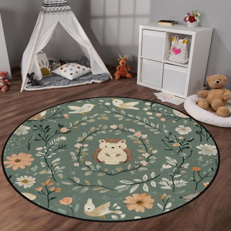 Soft Non-Slip Woodland Animal Rug for Kids Room - Cute Hedgehog  Birds Play Mat - Washable & Hypoallergenic Nursery Carpet