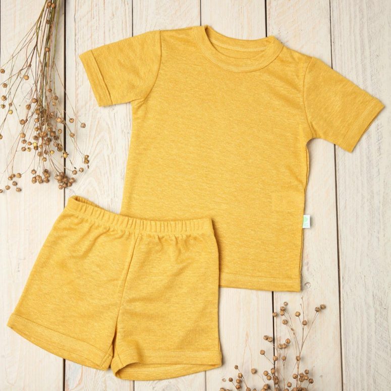 Linen two Piece Short Kid's Pyjama Short Sleeve Shirt and Shorts for Children good for Summer