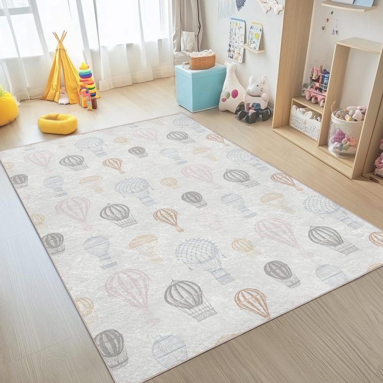 Air Baloon Crawling Rug -Grey Mat-Adventure Skid Proof Carpet for Kid's Room-Cloudy Toddler Runner-Whimsical Playroom Rug-Sky Tammy Time Mat