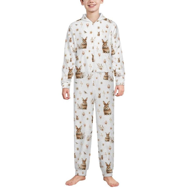 Boho Bunny Kids Zip-Up Jumpsuit Pajama, Cozy One-Piece Hoodie Sleepwear, Soft and Fun Bunny Print Pajamas