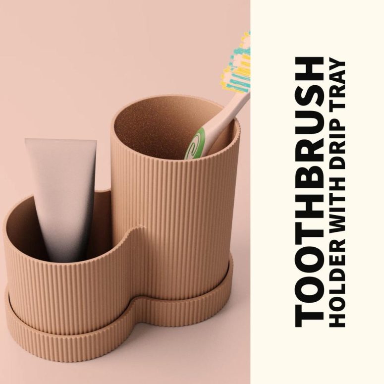Dual Cup Toothbrush Holder with Drip Tray | Hygienic Bathroom Organizer | Ribbed Modern Design