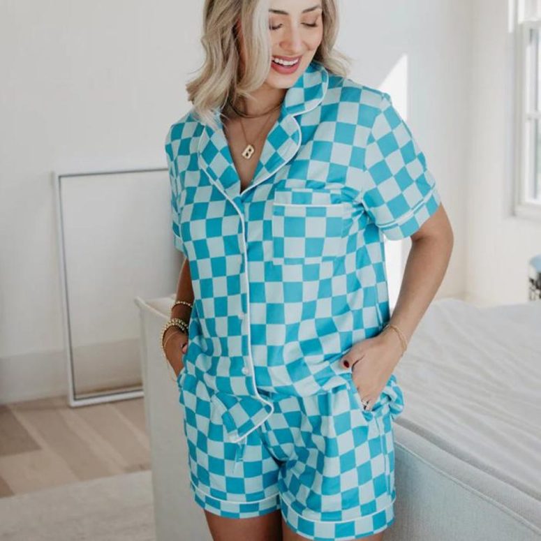 Cute Blue Checkered Silk Pajamas Set - Button Up Short Sleepwear for Cozy Nights