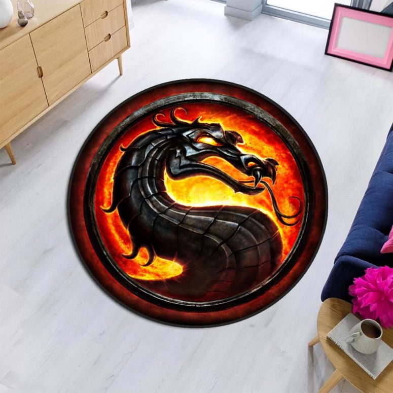 Mortal Kombat Rug, dragon Rug,Gamer Rug, dragon fire rug, round rug, Retro Arcade Game Decor, Gamer Room Carpet, Gift for Gamer,round dragon
