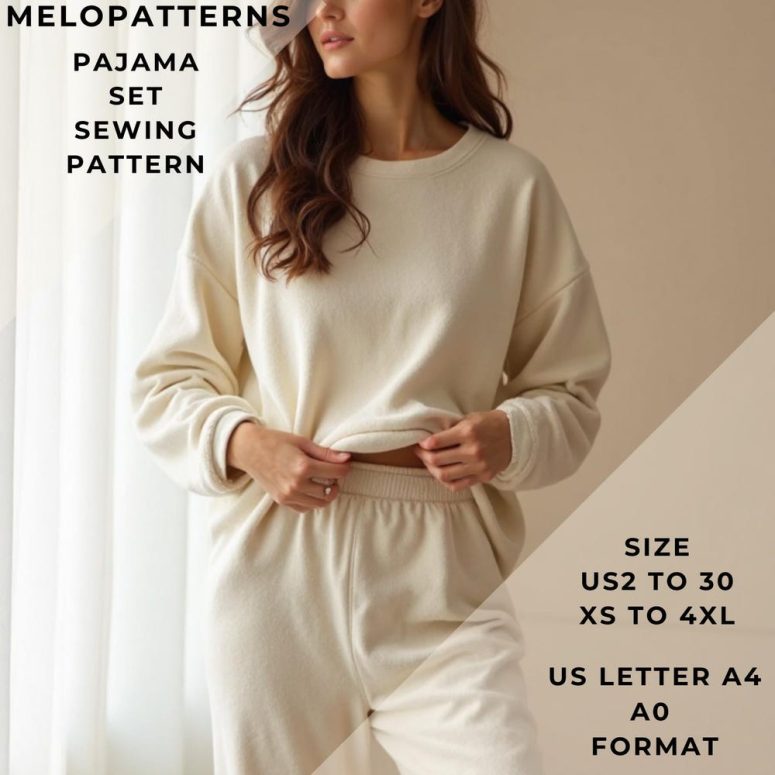 Pajama Set Sewing Pattern,Women Pajamas,Nightwear,Sleepwear Range of size options US2to30 and XS to 4XL,Suitable A0-A4-USLetter paper format