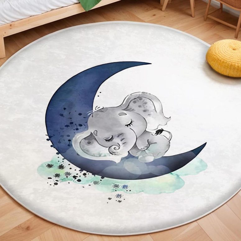 Nursery Elephant Rug, Baby Room Carpet, Nursery Play Mat, Animal Rug, Baby Shower Decor Non Slip Activity Rug, Washable Kids Rug