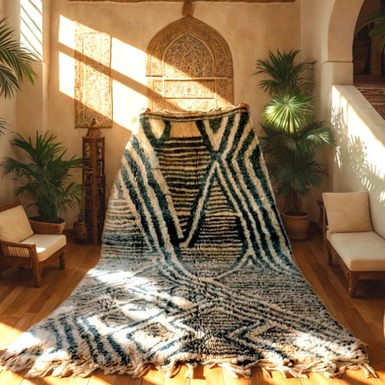Large Moroccan Beni Ourain Rug - Teal Geometric Berber Wool Carpet - Handwoven Tribal Rug for Boho, Eclectic or Desert Interiors - Wool rug