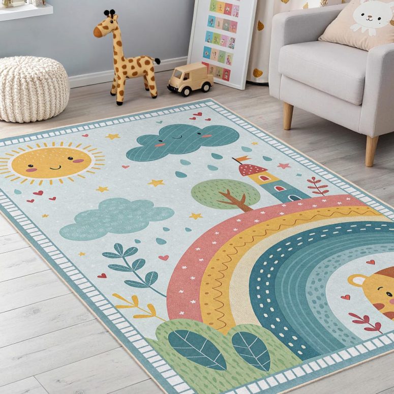 Colorful Rainbow Kids Rug - Cute Animal Design Carpet, Playroom Accent Mat - Cheerful Nursery Decor - Children's Bedroom Area Rug