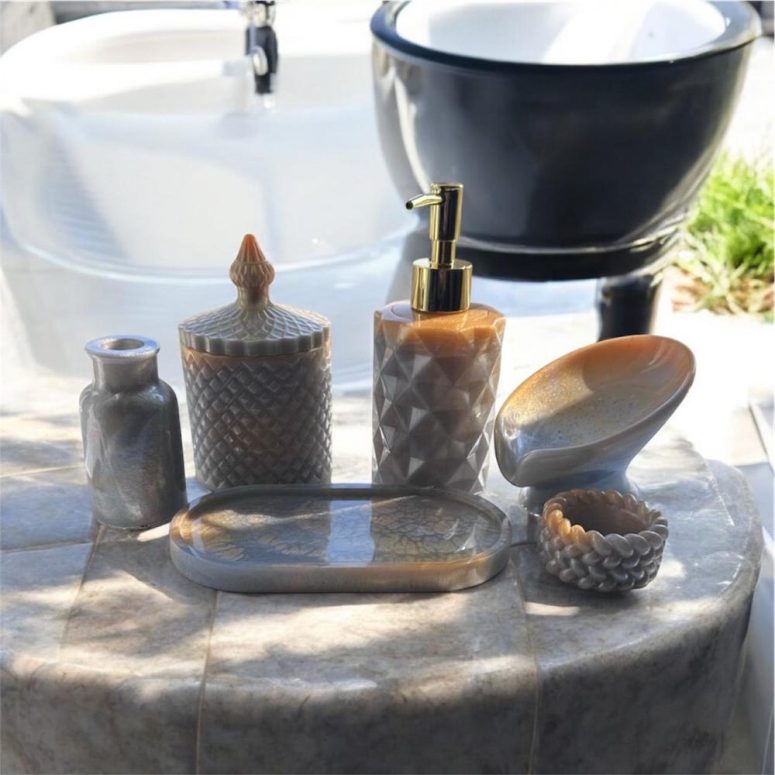 set of 6 Bathroom accessories silver and gold blend|bathroom set| bathroom Decor| bathroom design| Bathroom tidy| soap dispenser| Bathroom |