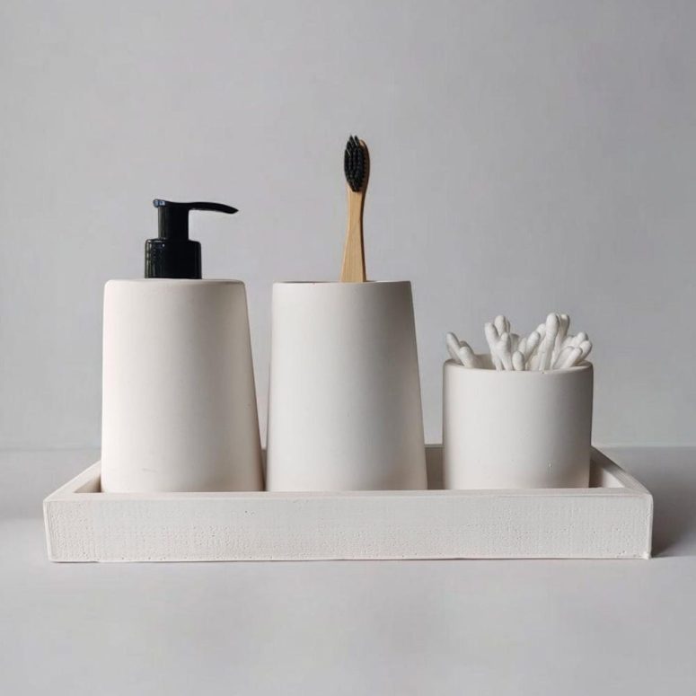Minimalist White Concrete Bathroom Set, Handmade 4 Pieces Organizer with Rectangle Tray, Soap Dispenser, Toothbrush Holder and Q-Tip Holder