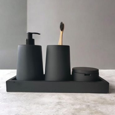 Handmade Black Concrete Bathroom Set, Modern 4 Pieces Organizer with Soap Dispenser, Toothbrush Holder, Lidded Jar and Rectangular Tray
