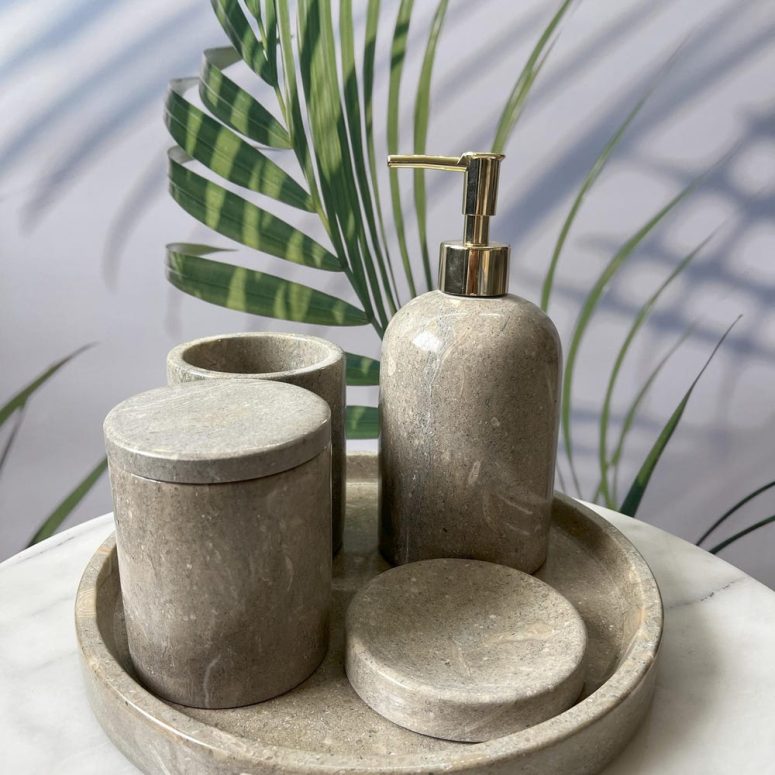 Green Marble Bathroom Set – 5 Piece Rustic Natural Stone Bath Accessory Set with Dispenser & Tray | Handcrafted Vanity Decor