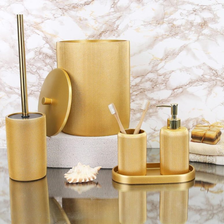 Rising Bathroom Accessory Sets with Trash Bin, Toilet Brush, Soap Dispenser, Toothbrush Holder, Tiny Tray / Bathroom Set in Gold Color