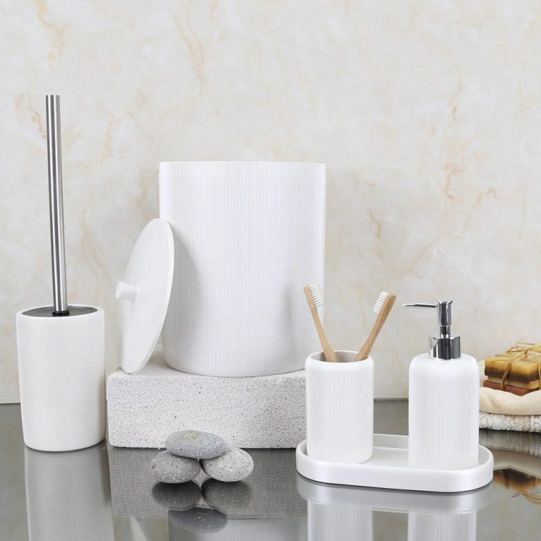 Rising Bathroom Accessory Sets with Trash Bin, Toilet Brush, Soap Dispenser, Toothbrush Holder, Tiny Tray / Bathroom Set in White Color