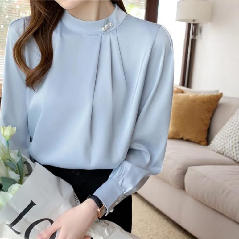 White Chiffon Blouse | Pleated Slim Fit | Long Sleeve Stand Collar Shirt | Elegant Casual Workwear | Trendy Women's Fashion