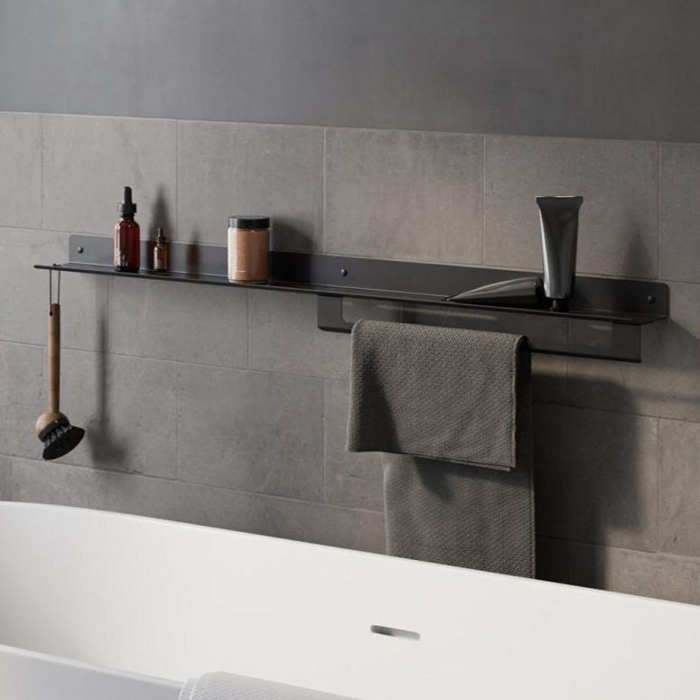 Black Bathroom Shelf 100cm | Wall Mounted Towel Rack with Hook | Matte Black Stainless Steel | Modern Bathroom Storage | Housewarming Gift