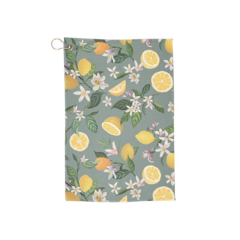 Golf Towel, Lemons with Blossoms Patterned Golf Towel - Golf Accessory, Sports Towel, Golf Gift, Golfing Gear, Golf Course Necessity