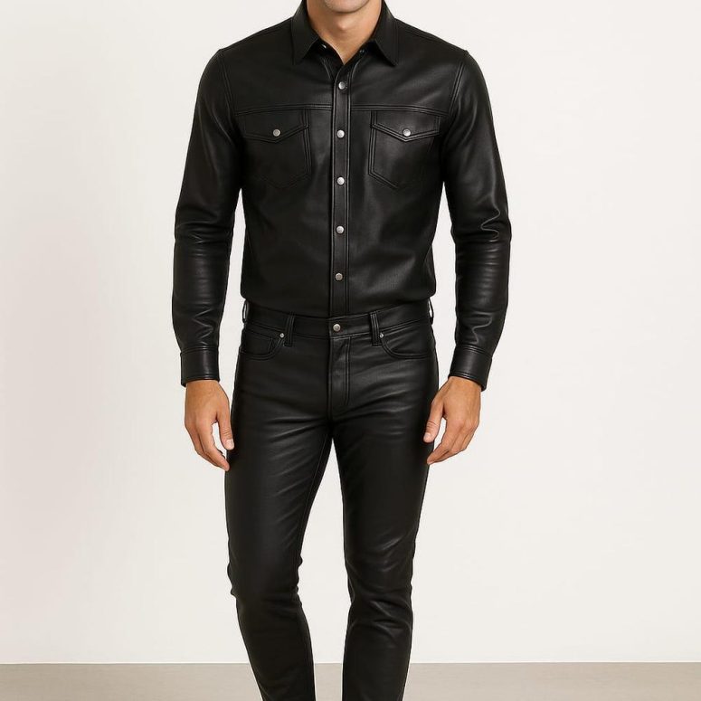 Men's Real Leather Shirt & Pants Set – Handmade Black Snap Button Shirt with Matching Slim Fit Trousers – Western Outfit – Office Outfit
